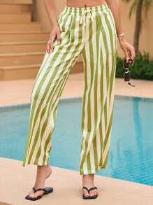 SHEIN Striped Drawstring Waist Wide Leg Pants - Multicolor - View 1