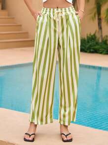 SHEIN Striped Drawstring Waist Wide Leg Pants - Multicolor - View 5