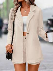 SHEIN LUNE Lapel Neck Single Button Blazer & Shorts - Apricot - View 3