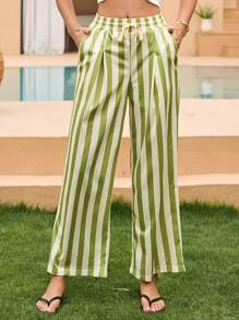 SHEIN Striped Drawstring Waist Wide Leg Pants - Multicolor - View 7