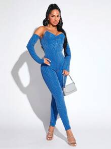 SHEIN SXY 一字肩彈力緊身連體褲 - 藍色 - 查看 6