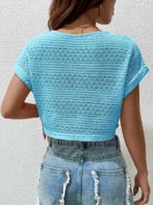 SHEIN EZwear Solid Batwing Sleeve Crop Top - Mint Blue - View 2