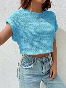 SHEIN EZwear Solid Batwing Sleeve Crop Top - Mint Blue - View 3