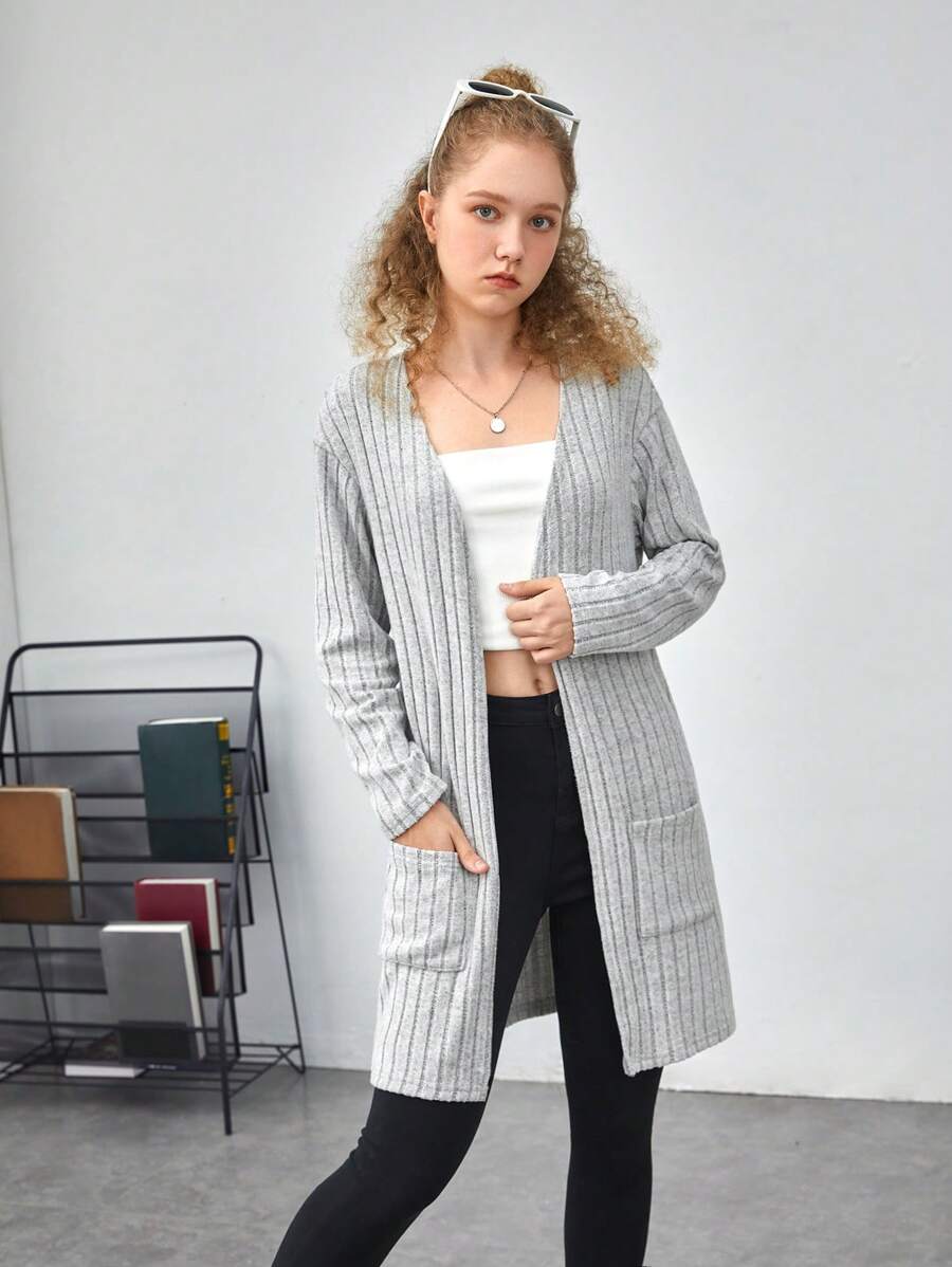 SHEIN 青少年女孩雙口袋開門襟外套 - 淺灰色 - 查看 1
