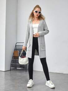 SHEIN 青少年女孩雙口袋開門襟外套 - 淺灰色 - 查看 3