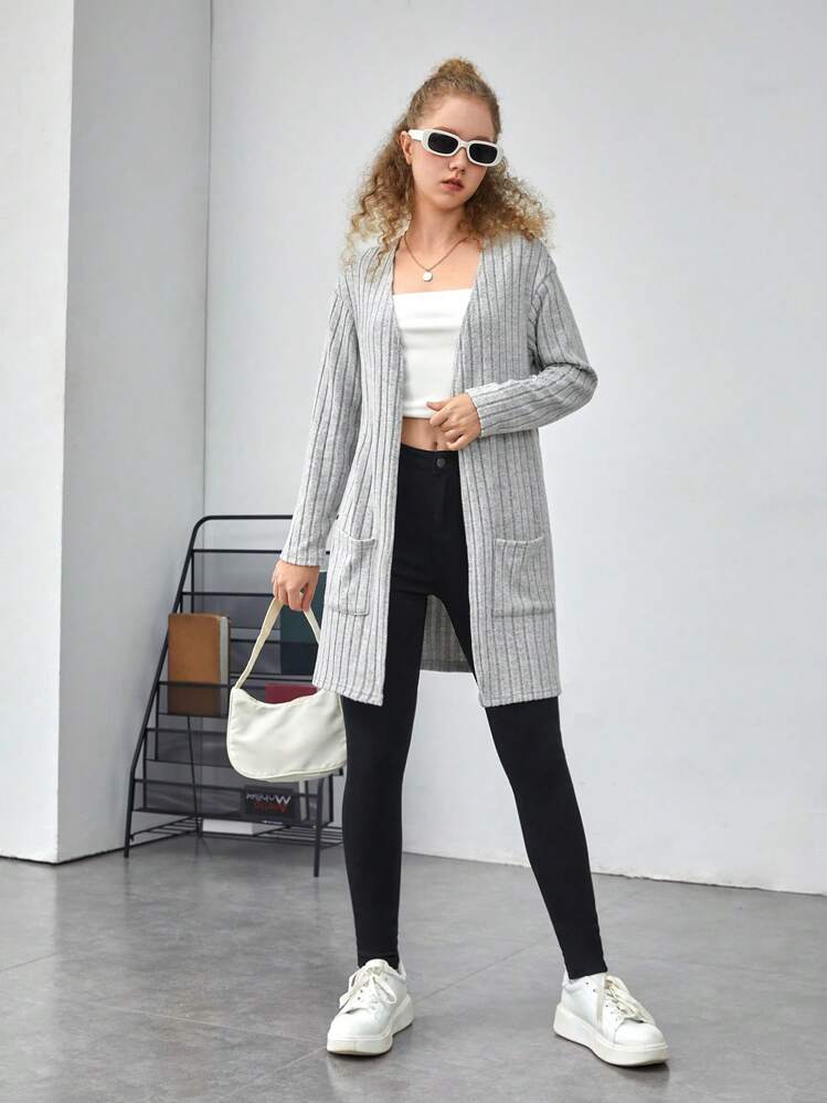 SHEIN Cô gái Tween Túi Kép Mở Mặt trước áo - Màu Xám nhạt - Xem 3