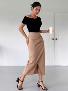 DAZY Solid Wrap Hem Ruched Detail Skirt