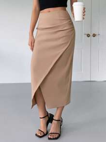 DAZY Solid Wrap Hem Ruched Detail Skirt