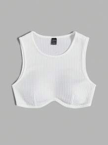 SHEIN EZwear Top de tirantes blanco de punto de gofre de verano corto - Blanco - Ver 3