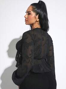 SHEIN SXY Tie Front Lantern Sleeve Crop Top - Black - View 2