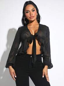 SHEIN SXY Tie Front Lantern Sleeve Crop Top - Black - View 3