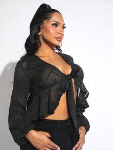 SHEIN SXY Tie Front Lantern Sleeve Crop Top - Black - View 4