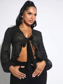 SHEIN SXY Tie Front Lantern Sleeve Crop Top - Black - View 5