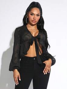 SHEIN SXY Tie Front Lantern Sleeve Crop Top - Black - View 6