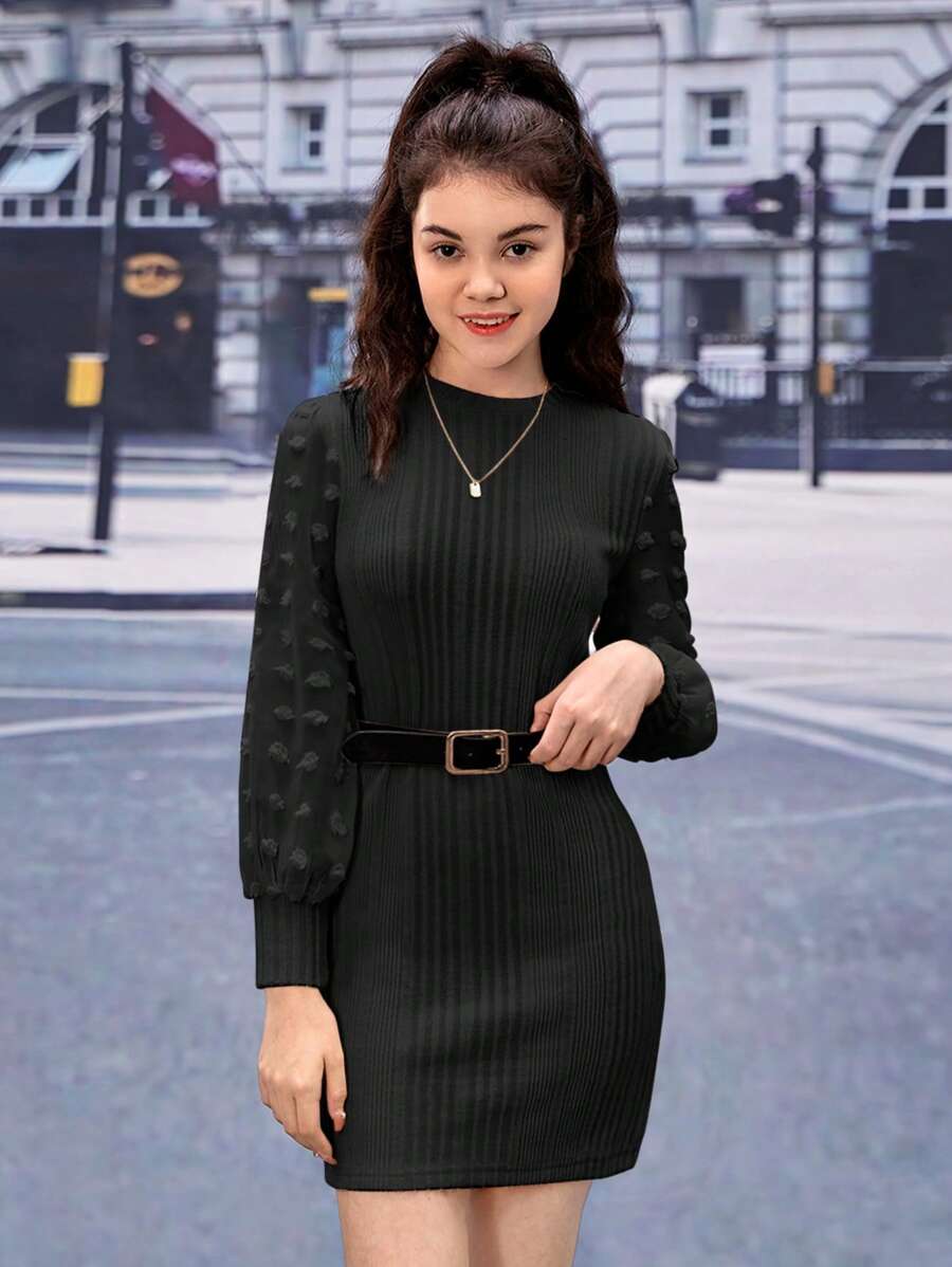 Teen Girl Swiss Dot Lantern Sleeve Dress Without Belt - Black - View 1