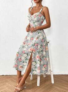 SHEIN Privé 印花高衩吊帶連衣裙 - 灰色 - 查看 6