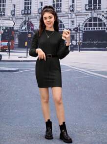 Teen Girl Swiss Dot Lantern Sleeve Dress Without Belt - Black - View 6