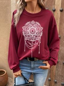 SHEIN LUNE 印花落肩袖運動衫 - 酒紅色 - 查看 1