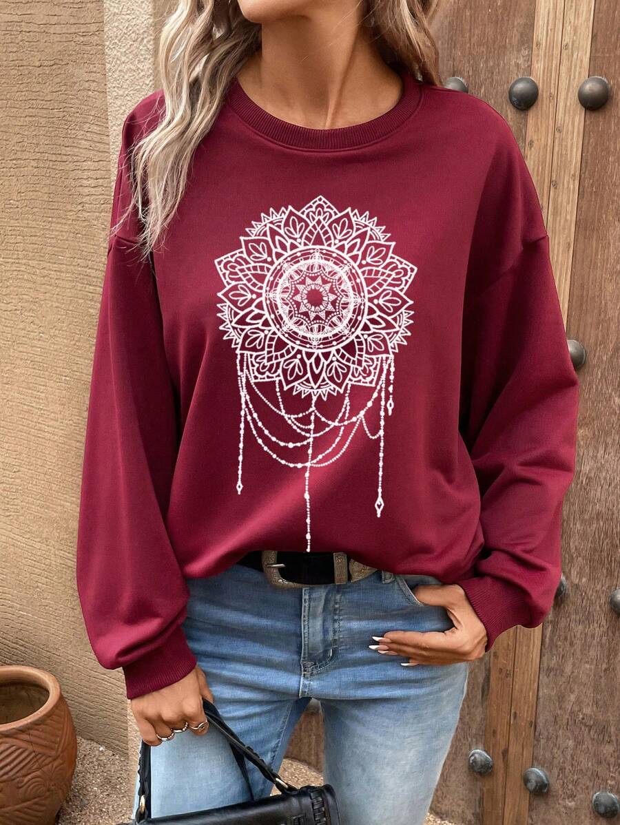 SHEIN LUNE 印花落肩袖運動衫 - 酒紅色 - 查看 1