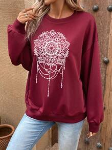 SHEIN LUNE 印花落肩袖運動衫 - 酒紅色 - 查看 3