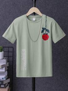 SHEIN 男大童花和標語圖案T恤無項鏈 - 薄荷綠 - 查看 1