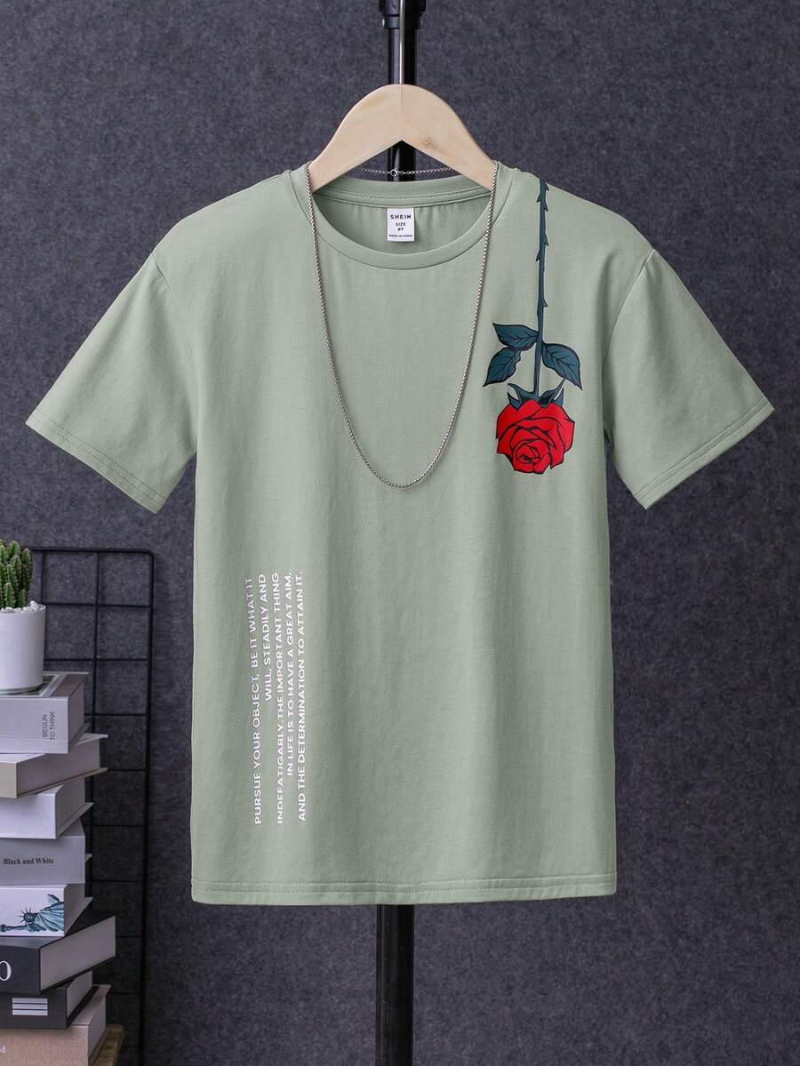 SHEIN 男大童花和標語圖案T恤無項鏈 - 薄荷綠 - 查看 1