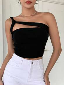 DAZY Top corto con un hombro, recorte y drapeado lateral, top sexy para salir, festivales y mujeres - Negro - Ver 5