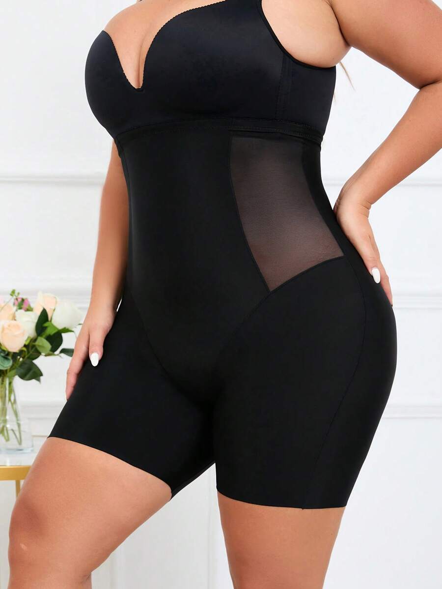 SHEIN Quần short cạp cao định hình eo lưới màu trơn cỡ lớn cho nữ - màu đen - Xem 1