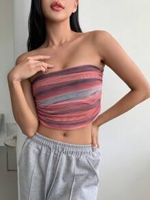 DAZY 條紋印花褶邊短款抹胸上衣 - 紅色 - 查看 1