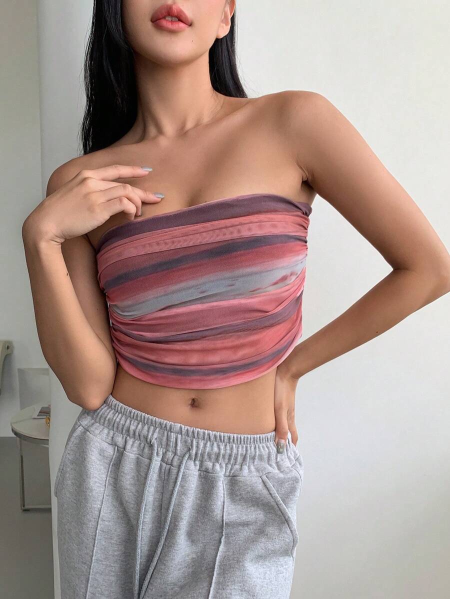 DAZY 條紋印花褶邊短款抹胸上衣 - 紅色 - 查看 1