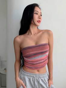 DAZY 條紋印花褶邊短款抹胸上衣 - 紅色 - 查看 3