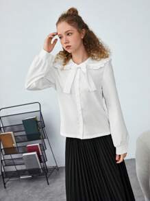 SHEIN Teen Girl Peter Pan Collar Bow Front Blouse - White - View 6