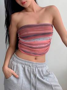 DAZY 條紋印花褶邊短款抹胸上衣 - 紅色 - 查看 4