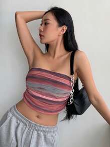 DAZY 條紋印花褶邊短款抹胸上衣 - 紅色 - 查看 6