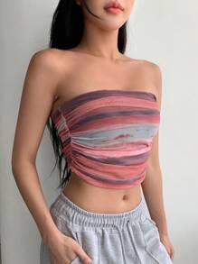 DAZY 條紋印花褶邊短款抹胸上衣 - 紅色 - 查看 7