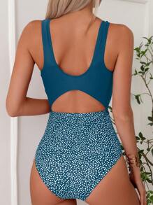 SHEIN Swim Summer Beach Dalmatian Print Cut Out One Piece Swimsuit - Blue - View 2