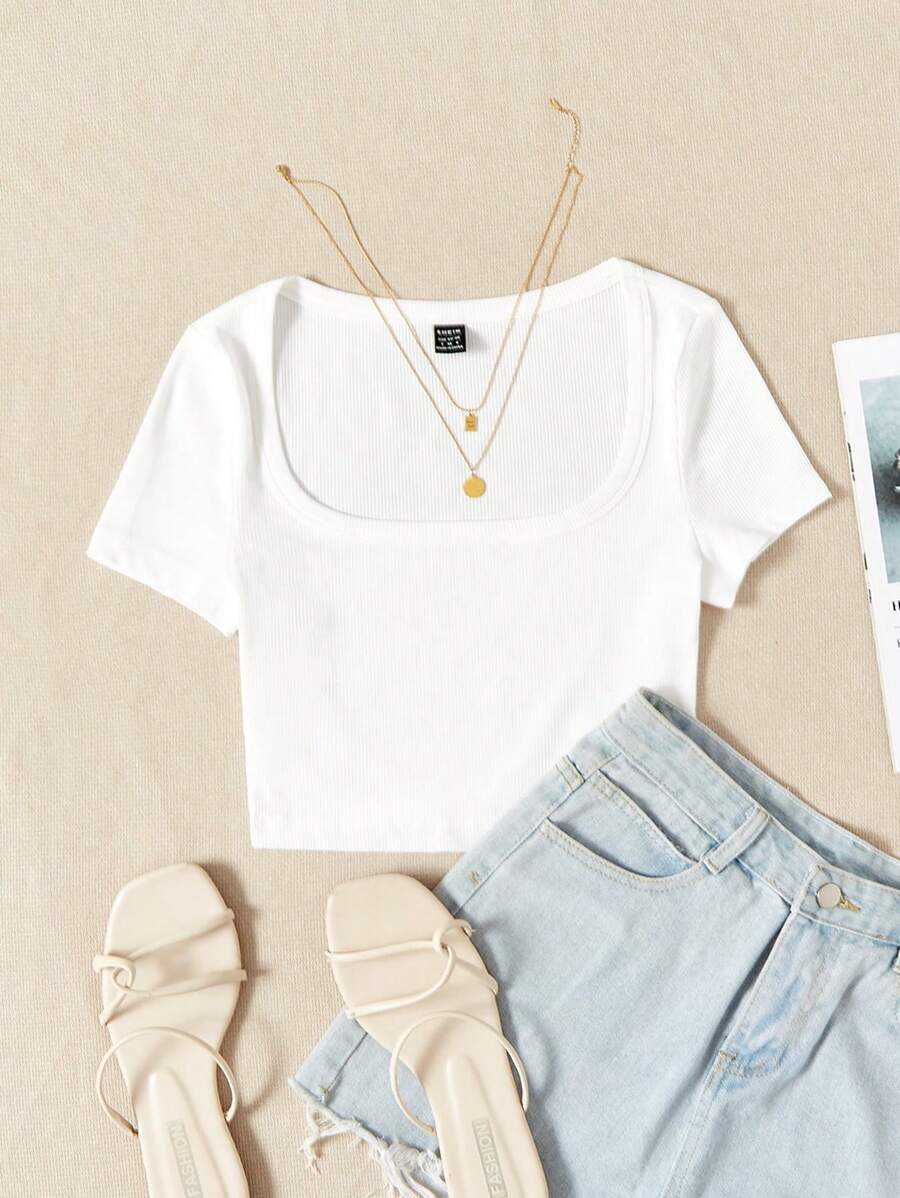 SHEIN EZwear Mùa hè Đi ra ngoài Siêu Cổ vuông Chất rắn Trắng Áo thun - trắng - Xem 1