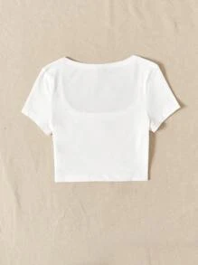 SHEIN EZwear Mùa hè Đi ra ngoài Siêu Cổ vuông Chất rắn Trắng Áo thun - trắng - Xem 2