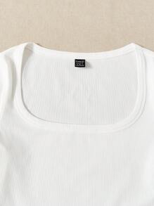 SHEIN EZwear Mùa hè Đi ra ngoài Siêu Cổ vuông Chất rắn Trắng Áo thun - trắng - Xem 3