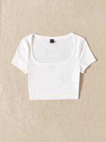 SHEIN EZwear Mùa hè Đi ra ngoài Siêu Cổ vuông Chất rắn Trắng Áo thun - trắng - Xem 4