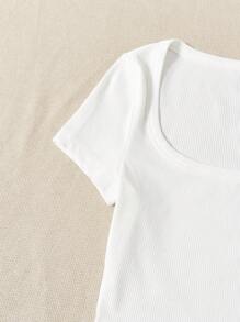 SHEIN EZwear Mùa hè Đi ra ngoài Siêu Cổ vuông Chất rắn Trắng Áo thun - trắng - Xem 5