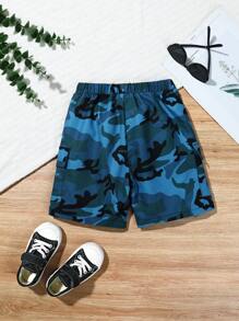 SHEIN 年輕男孩休閒街頭風格迷彩印花梭織短褲，寬鬆透氣，舒適有側袋 - 彩色 - 查看 2