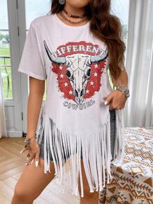 SHEIN Clasi Hơn Hình ảnh con bò &  chữ cái Fringe Hem Áo thun - trắng - Xem 1