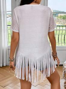 SHEIN Clasi Hơn Hình ảnh con bò &  chữ cái Fringe Hem Áo thun - trắng - Xem 2