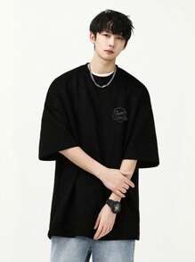 Hombres Camiseta de hombros caídos con estampado de letra - Negro - Ver 1