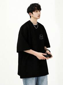 Hombres Camiseta de hombros caídos con estampado de letra - Negro - Ver 2