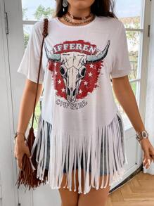 SHEIN Clasi Hơn Hình ảnh con bò &  chữ cái Fringe Hem Áo thun - trắng - Xem 3