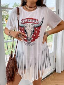 SHEIN Clasi Hơn Hình ảnh con bò &  chữ cái Fringe Hem Áo thun - trắng - Xem 4