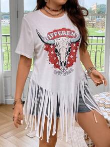 SHEIN Clasi Hơn Hình ảnh con bò &  chữ cái Fringe Hem Áo thun - trắng - Xem 5