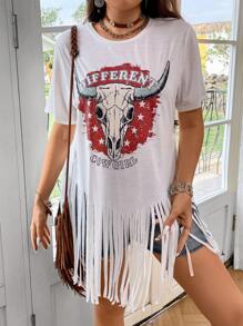 SHEIN Clasi Hơn Hình ảnh con bò &  chữ cái Fringe Hem Áo thun - trắng - Xem 6